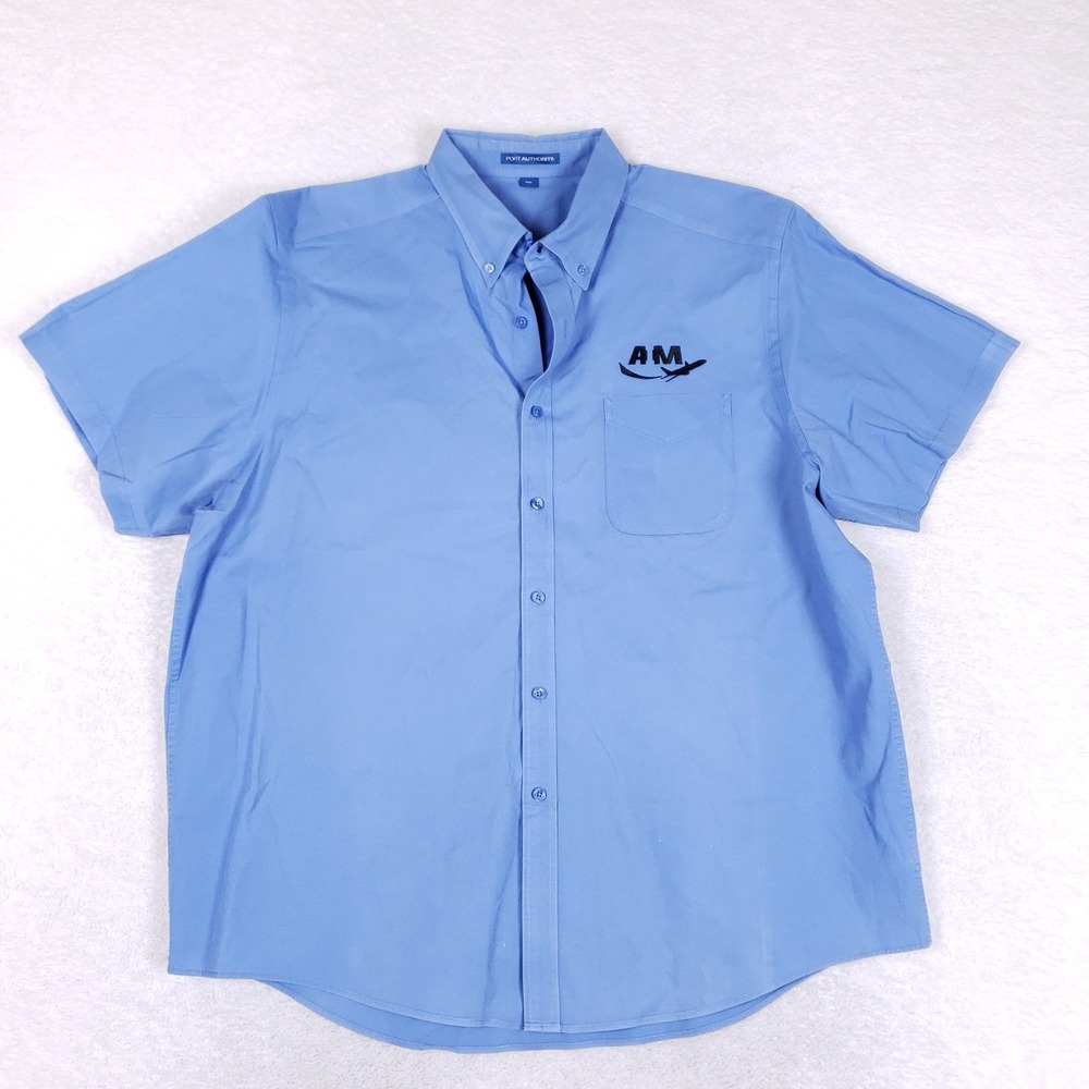 Port Authority Mens 2XL Blue Short Sleeve Button Down AM Airplane Logo Shirt
